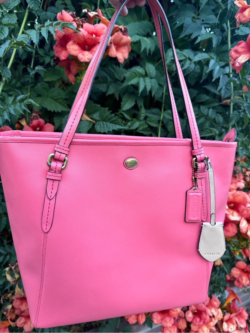Coach Peyton Saffiano Leather Zip Top Tote in Coral
